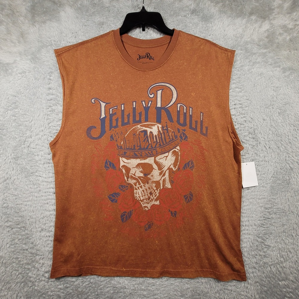 Jelly Roll Muscle Tee Mens L Orange Heart of Stone Skull Sleeveless Shirt